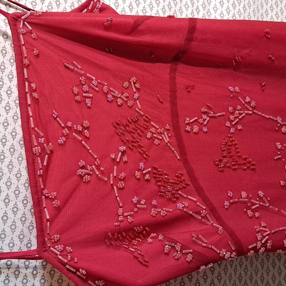 BCBG Max Azria Long Red Dress with Beads and Spaghetti Straps - Picture 4 of 9